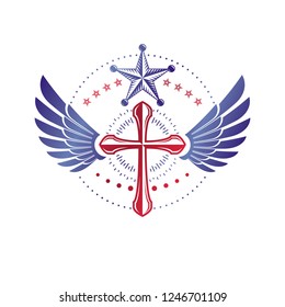 Cross of Christianity graphic winged emblem, the faith is free. Heraldic vector design element. Retro style label, religious insignia decorated with bird wings and pentagonal star.