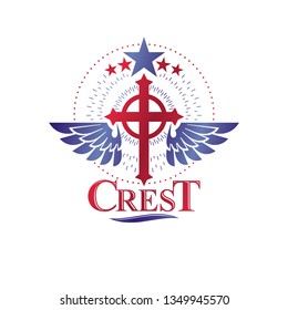 Cross of Christianity graphic winged emblem, the faith is free. Heraldic vector design element. Retro style label, religious insignia decorated with bird wings and pentagonal star.