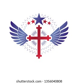 Cross of Christianity graphic winged emblem, the faith is free. Heraldic vector design element. Retro style label, religious insignia decorated with bird wings and pentagonal star.
