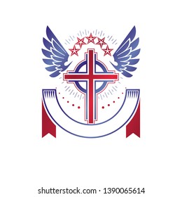 Cross of Christianity graphic winged emblem, the faith is free. Heraldic vector design element. Retro style label, religious insignia decorated with bird wings and pentagonal star.