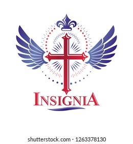 Cross of Christianity Religion emblem composed with bird wings and royal Lily flower. Heraldic Coat of Arms decorative logo isolated vector illustration. Guardian angel.