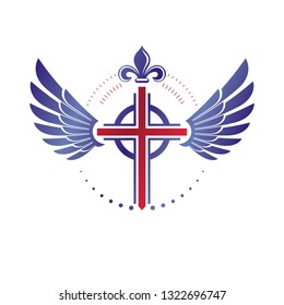 Cross of Christianity Religion emblem composed with bird wings and royal Lily flower. Heraldic Coat of Arms decorative logo isolated vector illustration. Guardian angel.