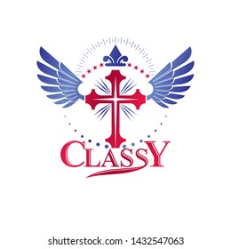 Cross of Christianity Religion emblem composed with bird wings and royal Lily flower. Heraldic Coat of Arms decorative logo isolated vector illustration. Guardian angel.