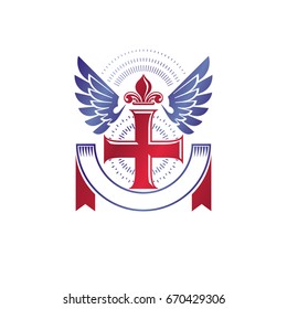 Cross of Christianity Religion emblem composed with bird wings and royal Lily flower. Heraldic Coat of Arms decorative logo isolated vector illustration. Guardian angel.