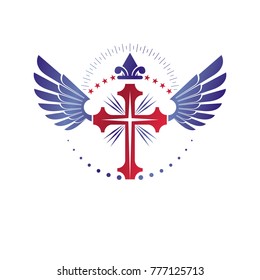 Cross of Christianity Religion emblem composed with bird wings and royal Lily flower. Heraldic Coat of Arms decorative logo isolated vector illustration. Guardian angel.