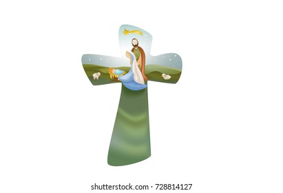Cross with christmas nativity scene
