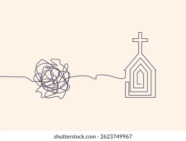 Edifício de cruz e igreja em linhas finas estilo. Caminho para o conceito de religião da igreja cristã