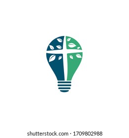 Cross Church bulb shape concept Logo Design. Abstract Tree religious cross symbol icon vector design. Church and Christian organization logo.