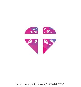 Cross Church heart shape concept Logo Design. Abstract Tree religious cross symbol icon vector design. Church and Christian organization logo.	
