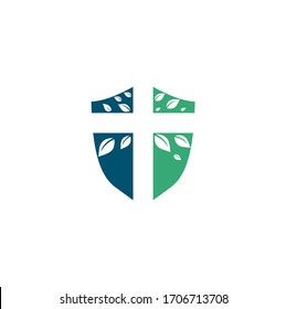 Cross Church shield shape concept Logo Design. Abstract Tree religious cross symbol icon vector design. Church and Christian organization logo.