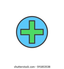 Cross in circle line icon, filled outline vector sign, linear colorful pictogram isolated on white. Add symbol, logo illustration. Editable stroke. Pixel perfect