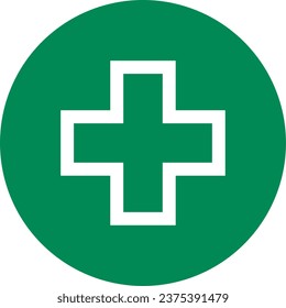Cross in Circle Round Symbol First Aid Kit Emergency Healthcare Green Sign Icon. Vector Image.