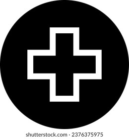 Cross in Circle Round Symbol First Aid Kit Emergency Healthcare Black and White Sign Icon. Vector Image.