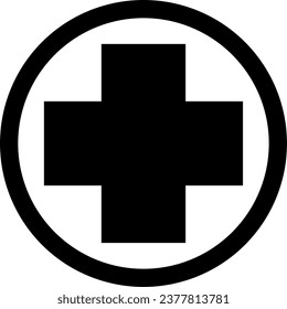 Cross in Circle Round Symbol First Aid Kit Emergency Healthcare Black Sign Icon. Vector Image.