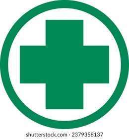 Cross in Circle Round Symbol First Aid Kit Emergency Healthcare Green Sign Icon. Vector Image.