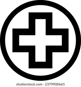 Cross in Circle Round Symbol First Aid Kit Emergency Healthcare Black Sign Icon. Vector Image.