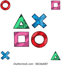 Cross, Circle, Square, Triangle. Game pad symbols. Seamless pattern.