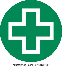 Símbolo cruzado en círculo de primeros auxilios Asistencia sanitaria Icono de signo verde. Imagen vectorial.