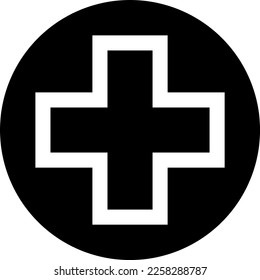 Símbolo cruzado en círculo de primeros auxilios Asistencia sanitaria Icono de signo negro. Imagen vectorial.