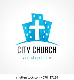 Cross and city downtown logo. Religious creative christian logotype concept. Stained glass style symbol. Church emblem. Music album idea. Isolated abstract graphic web design template. Brand identity.