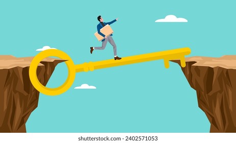 cross the cliff with key to success concept vector  illustration suitable to describe about, business success achievement, business obstacles, motivation business symbol illustration with flat style