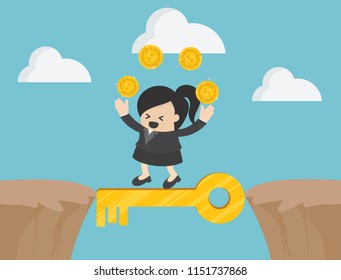 Cross the cliff with key to success illustration