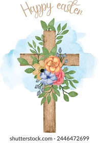 Cross Clipart, Watercolor with typography, wooden cross With florals bouquet,  Wedding invites, Holy Spirit, Religious illustration