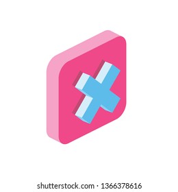 Cross close delete button 3d vector icon isometric pink and blue colors minimalism illustrate