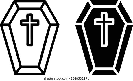 Cross Coffin Vector Icons – Black and White Minimal Casket Line Art Funeral Illustration