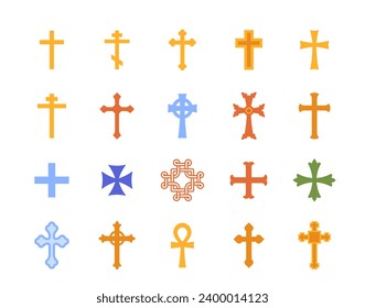 Cross color icons set. Bright stickers or symbol of faith, belief and religion. Graphic elements for website. Christianity and Catholicism. Cartoon flat vector collection isolated on white background