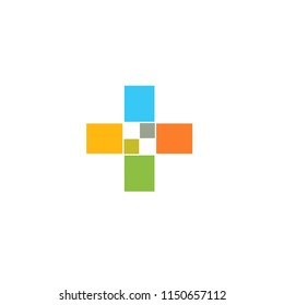 Cross colorful icon, isolated abstract plus symbol, pharmacy modern logo, geometric design shape, add abstract sign, vector illustration on white background.