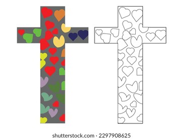 cross with colorfull heart vector for background decoration cartoon kid coloring 