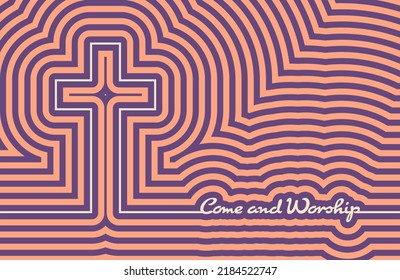 Cross and come and worship text in thin lines style