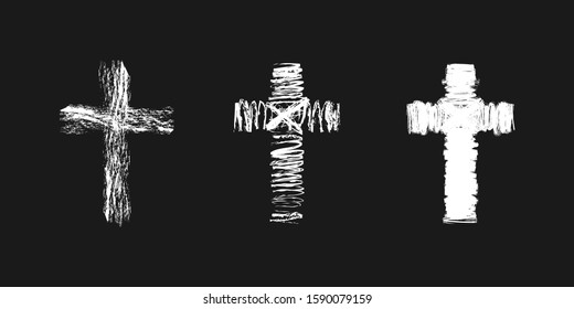 Cross concept in brushing style. Christian church vector logo. Set of white colored crucifixions. Religious symbols. Abstract isolated graphic web design template. Creative ideas, black background.