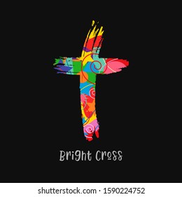 Cross concept in brushing style. Christian church vector logo. Colored crucifixion. Religious symbol and lettering concept. Abstract isolated graphic design template. Creative idea, black background.