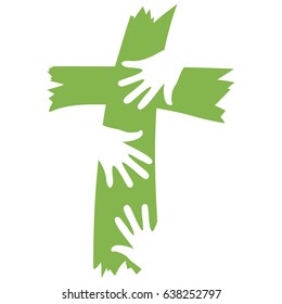 Cross concept with three hands reaching and coming together. Vector logo design for children's program.