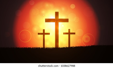 The cross consists of grassy mountains. The sun is rising from the summit in the early morning. With glitter
