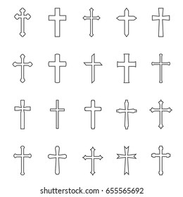 Cross contour outline art set, geometrical figure, Christ's crucifixion symbol, religious emblem. Vector flat style illustration isolated on white background