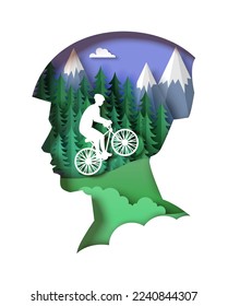 Vector creativo de ciclismo de campo cruzado. Cabeza de ciclista con casco y motociclista superando la ilustración de la ruta de la montaña en el estilo de arte de corte de papel. Deportes extremos en la zona montañosa