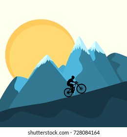 Cross country mountain bike rider uphill climb on sunset ridge peaks beautiful blue yellow nature background. XC marathon race altitude stamina strength training. Silhouette outline vector design.