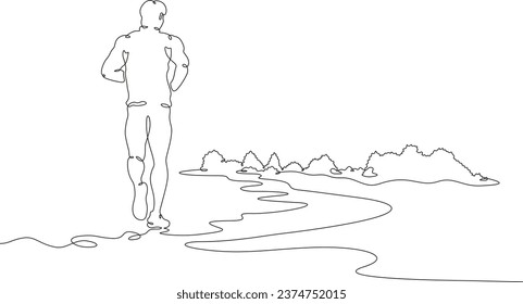 Cross country running. Landscape. Jogging in nature.
Jogging in the fresh air. Active lifestyle. A man runs.One continuous line. Linear. Hand drawn, white background