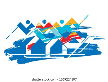 Cross Country Ski Race, expressive icon. 
Abstract stylized drawing of cross-country ski competitors, on expressive brush stroke background. Vector available.
