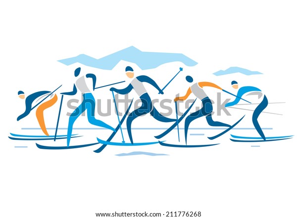  Cross country Ski\
Race A stylized drawing of cross country ski competitors.Vector\
illustration.  