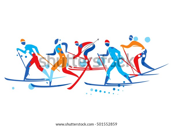 Cross Country Ski\
Race.\
A stylized drawing of cross-country ski competitors. Vector\
available\
