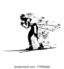 Cross country skier, abstract grungy vector silhouette. Winter sports, skiing