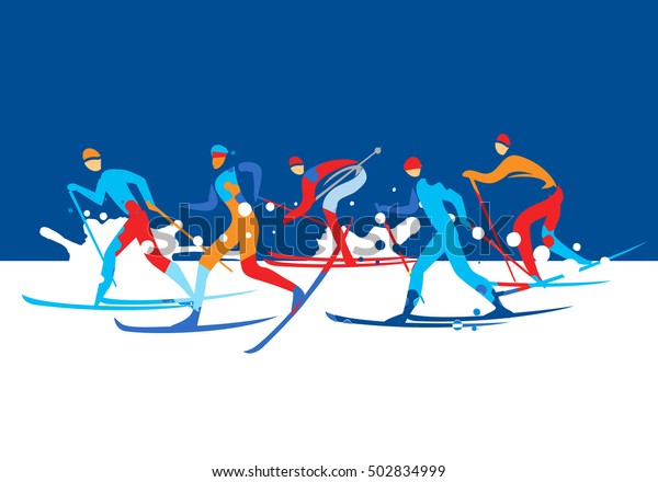 Cross\
country Skier Competition.\
A stylized drawing of cross-country ski\
competitors.Vector illustration. Vector\
available.