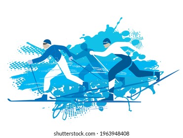 
Cross Country Skiers, competition.
A expressive blue drawing of three cross-country ski competitors. Vector available.
