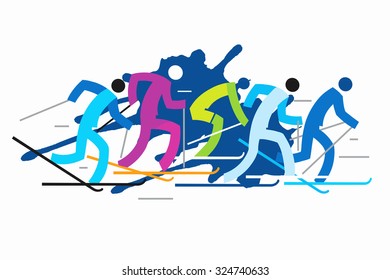 Cross country skiers grunge stylized.
Five colorful grunge stylized cross country skiers. Vector  available.
