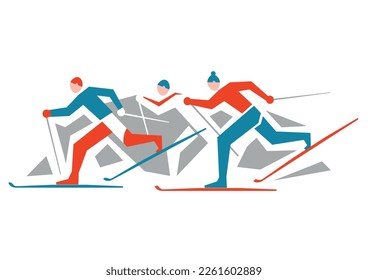 Cross Country Skiers.
A stylized drawing of three cross-country ski competitors. Isolated on white background. Vector available.