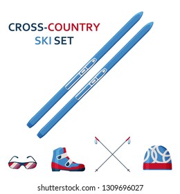 Cross Country Skies Icon Collection. Set With Equipment, Wear And Shoes. Vector Illustration.